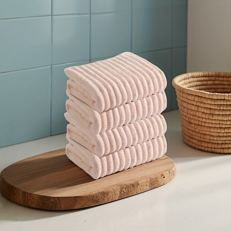 Set of 4 Soft Coral Towels - Fast-Drying Striped Bath And Hand Towels Ideal for Bathroom, Travel, And Camping - Bedspread Hue (No Shedding Or Color Fading) - Modern Rectangular Towels