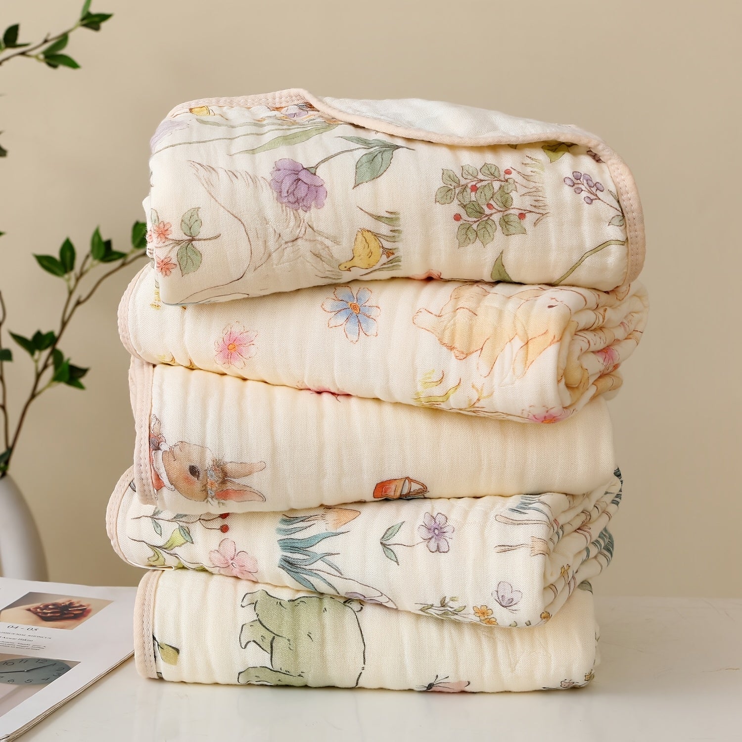 6-Layer Soft Cotton Muslin Towel, Floral And Bunny Print Quick Dry Absorbent Beach Bath Towel for Travel Camping Home, Easter Christmas Holiday Gift