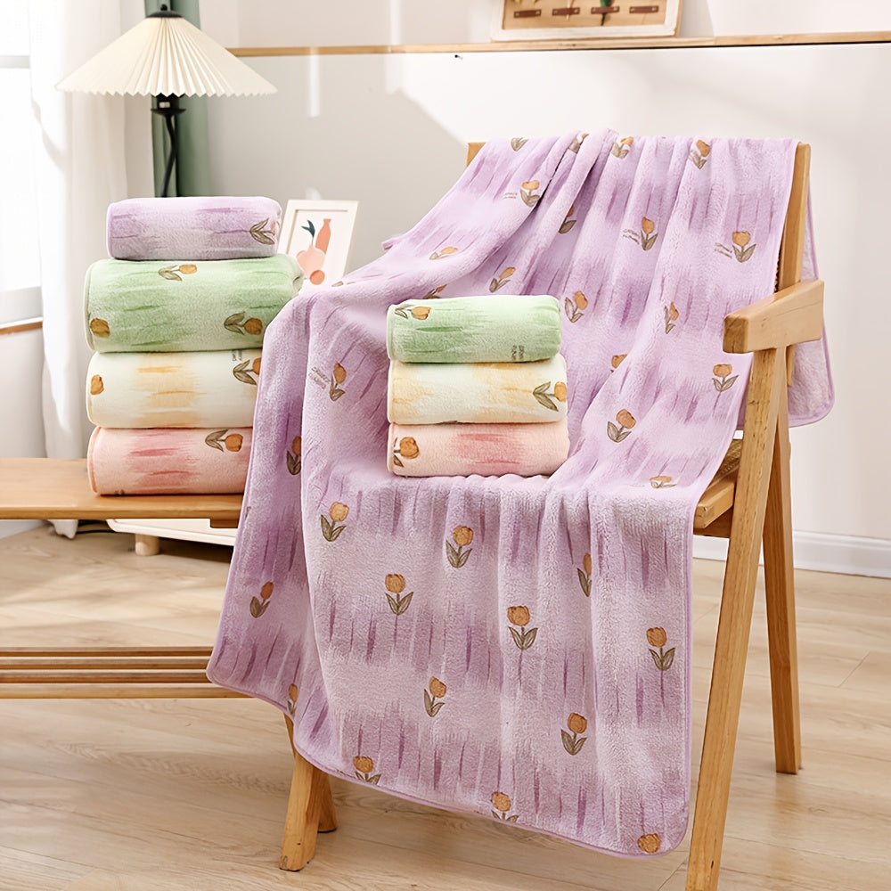 2pcs Set, Flower Adult Bath Towel Set, Spring Tulip Flower Bathroom Towel Set, Coral Fleece Water Absorption, Soft Full Bath Towel Set, Household Hand Towel, Suitable for Hotels, Gifts, SPA Use, Bathroom Additions, New in Spring