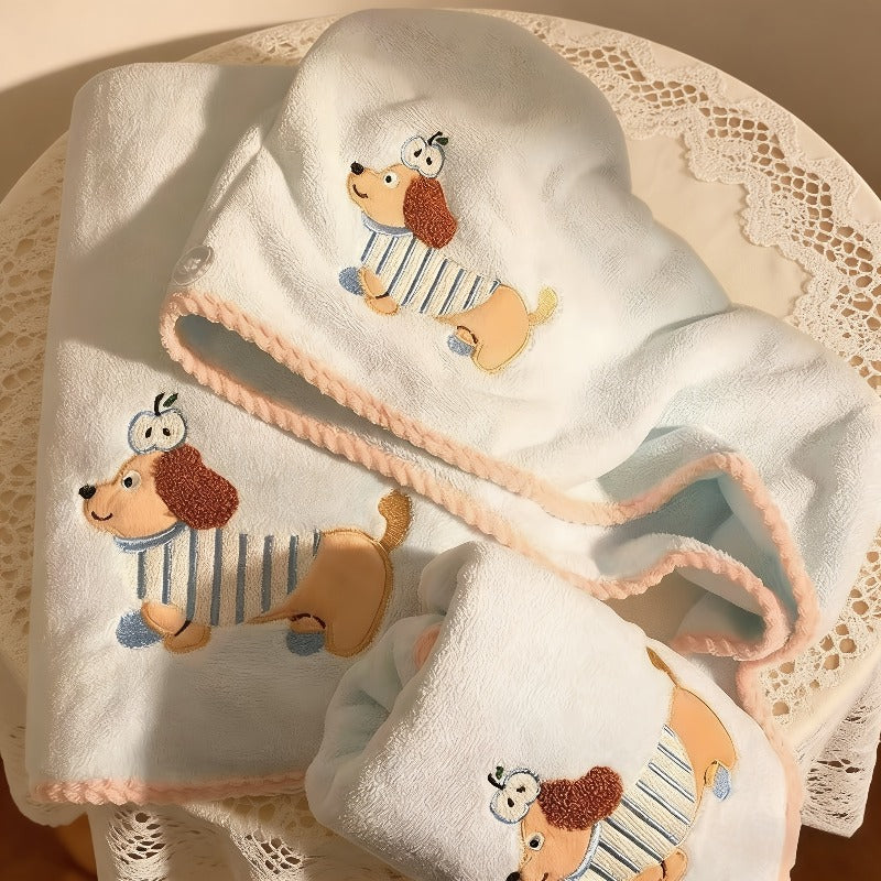 Cartoon Turkish Dog Dry Hair Cap, Super Absorbent Quick-Drying Headscarf, Thickened Coral Fleece Shower Cap, Common for Home Hotels