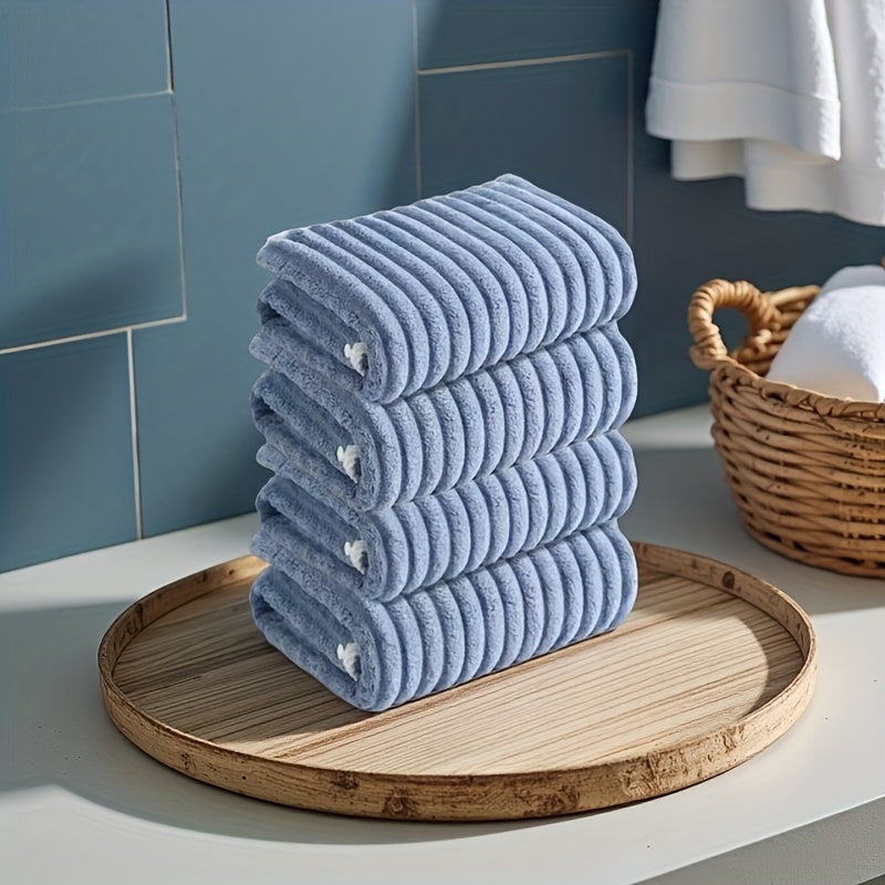 Set of 4 Soft Coral Towels - Fast-Drying Striped Bath And Hand Towels Ideal for Bathroom, Travel, And Camping - Bedspread Hue (No Shedding Or Color Fading) - Modern Rectangular Towels