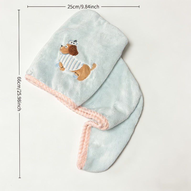 Cartoon Turkish Dog Dry Hair Cap, Super Absorbent Quick-Drying Headscarf, Thickened Coral Fleece Shower Cap, Common for Home Hotels