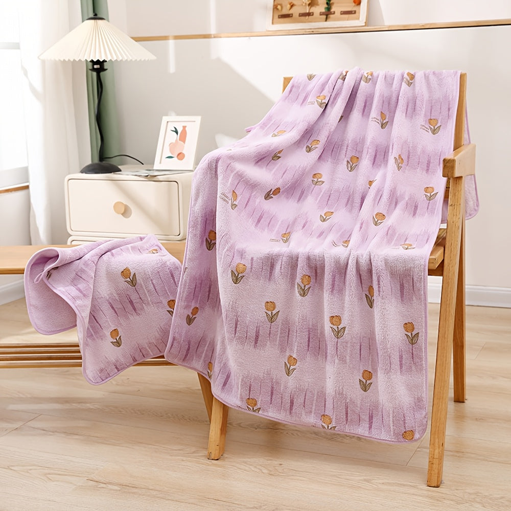 2pcs Set, Flower Adult Bath Towel Set, Spring Tulip Flower Bathroom Towel Set, Coral Fleece Water Absorption, Soft Full Bath Towel Set, Household Hand Towel, Suitable for Hotels, Gifts, SPA Use, Bathroom Additions, New in Spring