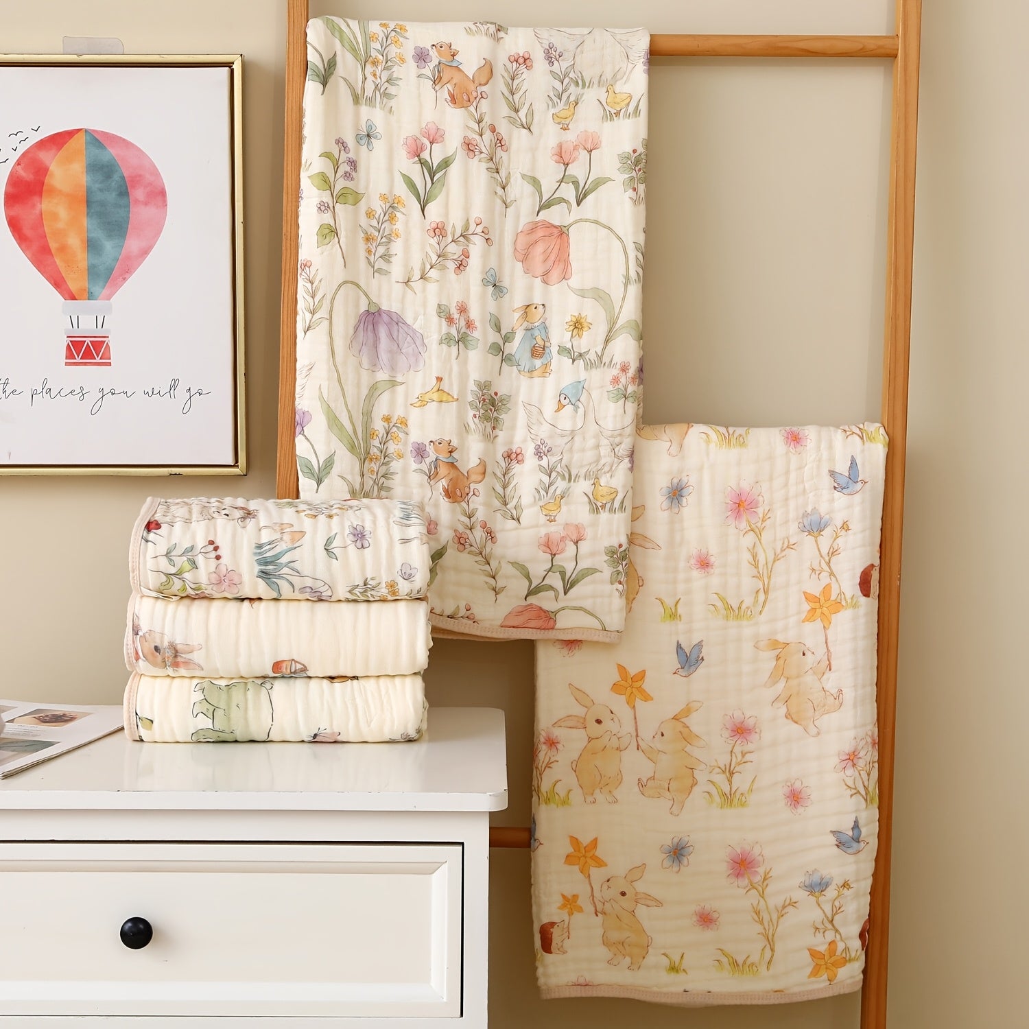 6-Layer Soft Cotton Muslin Towel, Floral And Bunny Print Quick Dry Absorbent Beach Bath Towel for Travel Camping Home, Easter Christmas Holiday Gift