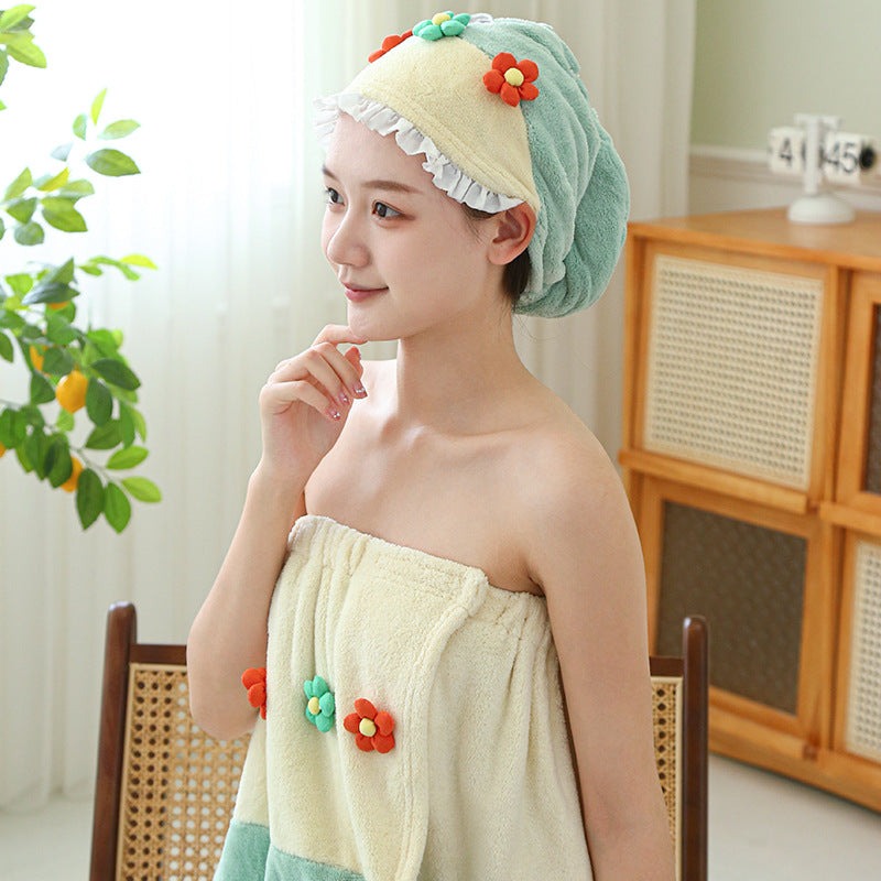 1pc Dry Hair Cap New Coral Fleece Shower Cap Hair Band Female Cute Flower Tube Top Bath Skirt Dry Hair Towel