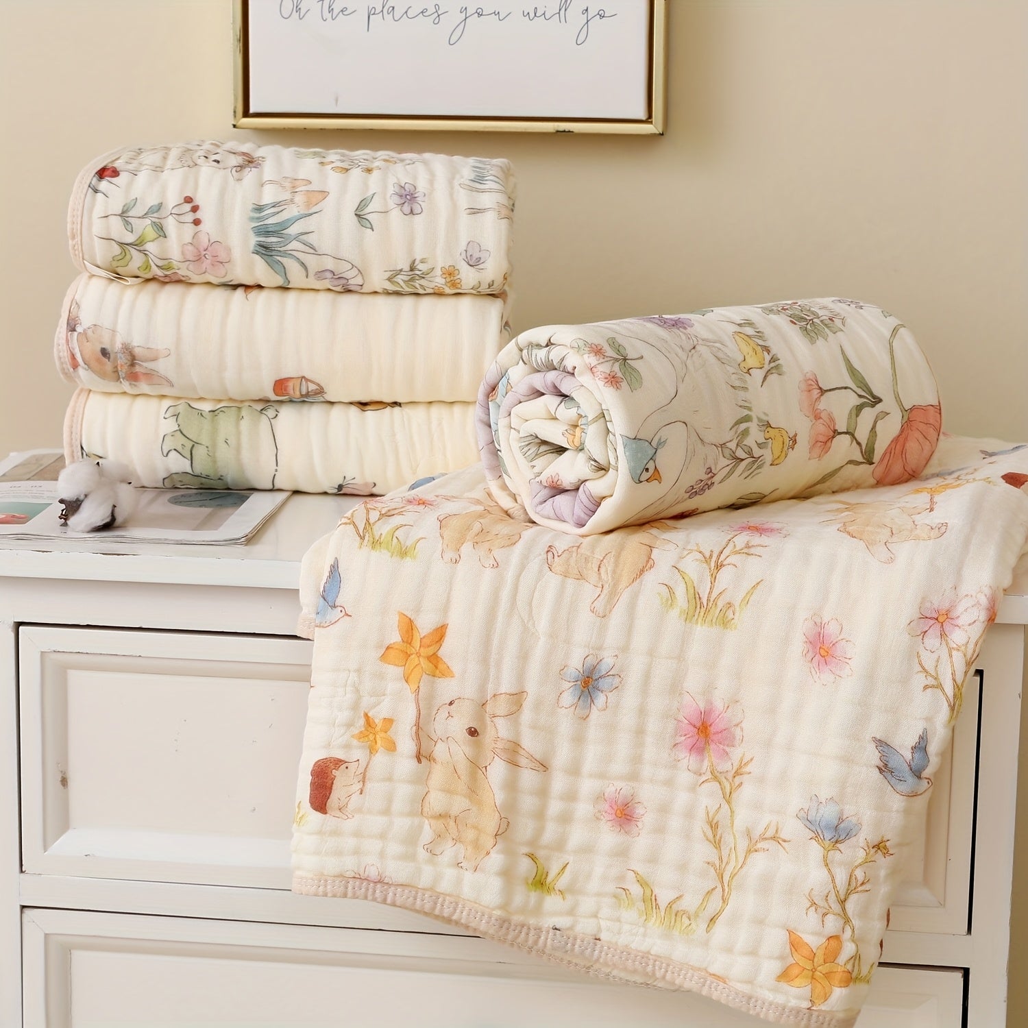 6-Layer Soft Cotton Muslin Towel, Floral And Bunny Print Quick Dry Absorbent Beach Bath Towel for Travel Camping Home, Easter Christmas Holiday Gift