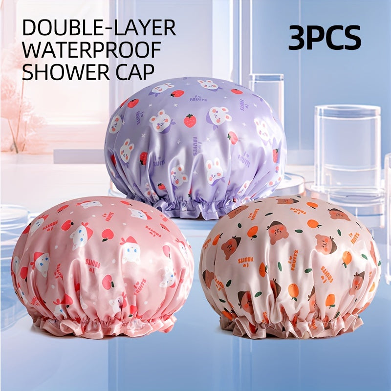 3pcs Double-Layer Shower Caps, Printed Design, And Reusable, with Elastic Band, Suitable for Women'S Bathing And Spa Salons