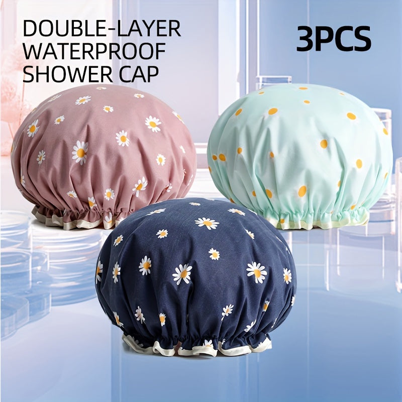 3pcs Double-Layer Shower Caps, Printed Design, And Reusable, with Elastic Band, Suitable for Women'S Bathing And Spa Salons