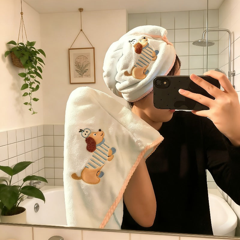 Cartoon Turkish Dog Dry Hair Cap, Super Absorbent Quick-Drying Headscarf, Thickened Coral Fleece Shower Cap, Common for Home Hotels