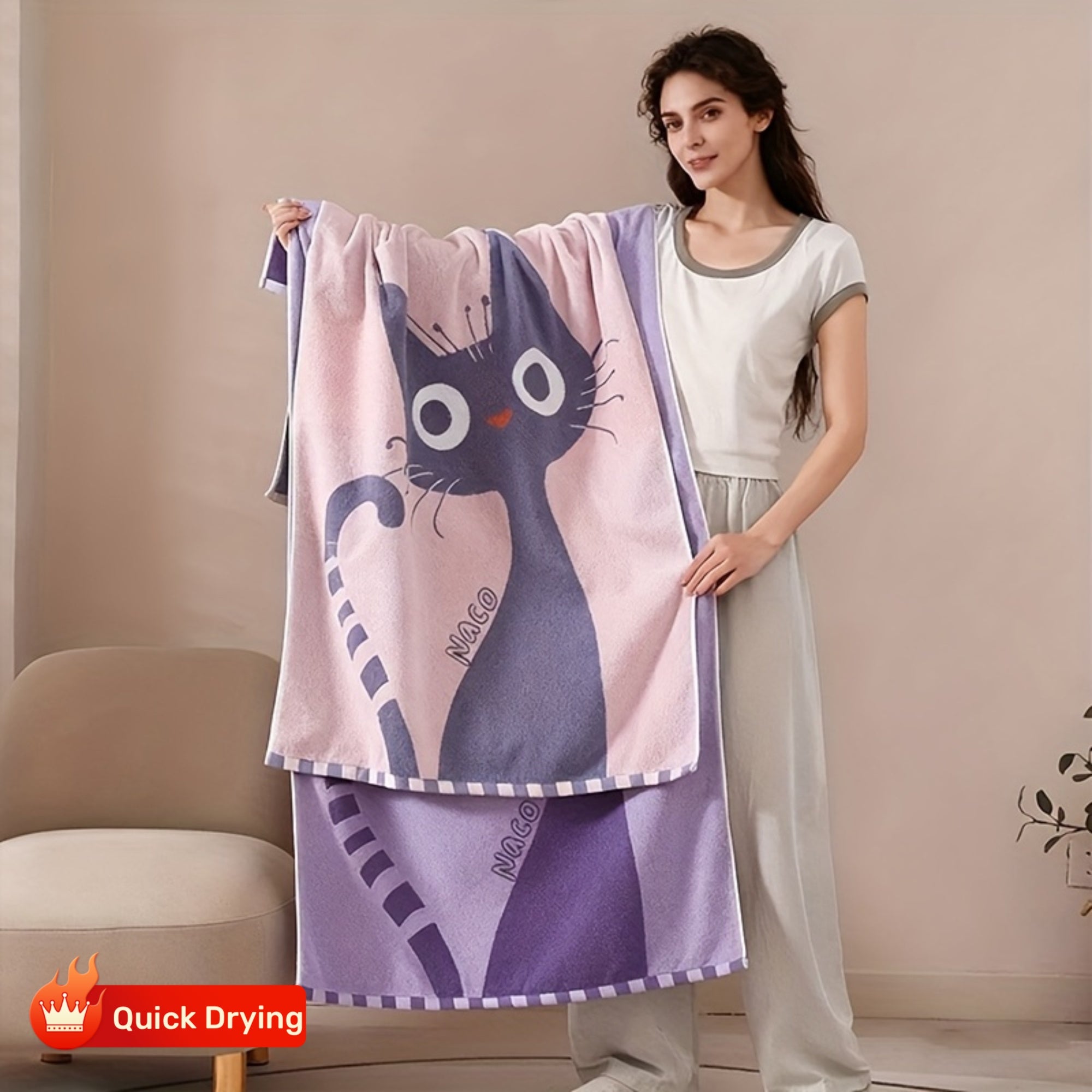 Cotton Bath Towel Thick Quick Dry, Cat Pattern Modern Design, Adult Spa Hotel Home Use