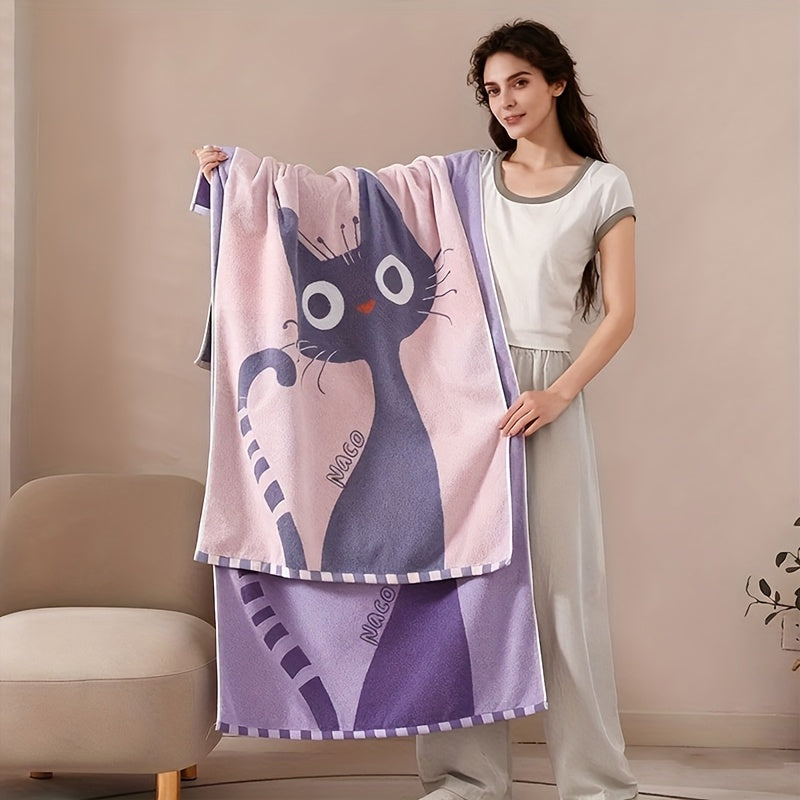 Cotton Bath Towel Thick Quick Dry, Cat Pattern Modern Design, Adult Spa Hotel Home Use