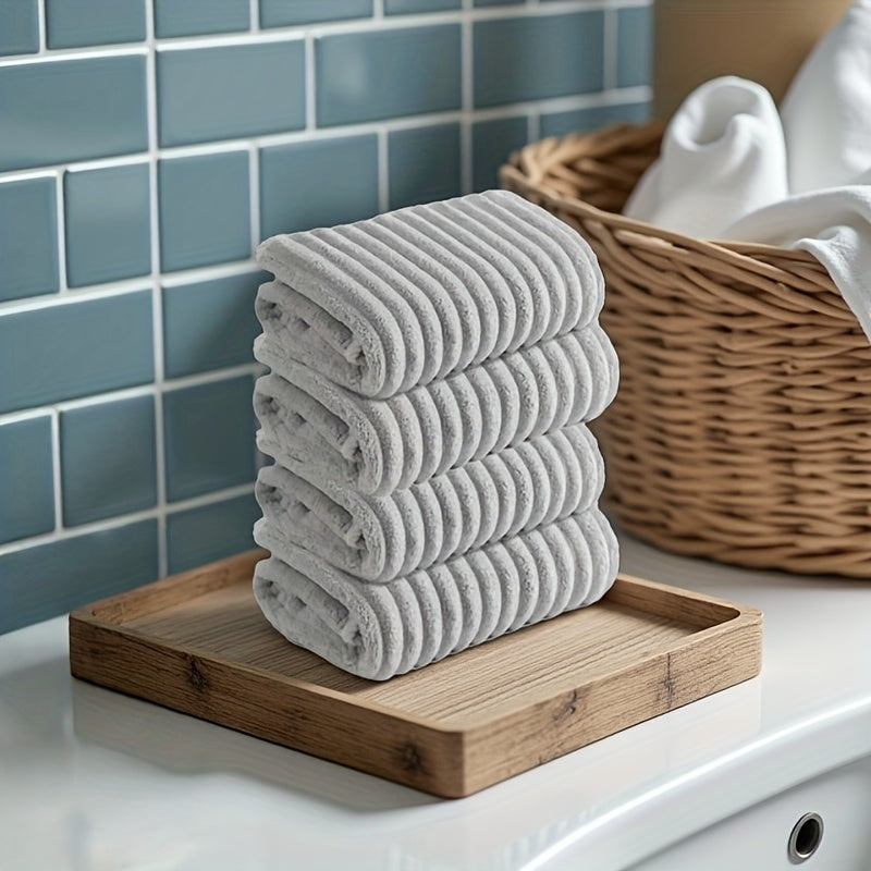 Set of 4 Soft Coral Towels - Fast-Drying Striped Bath And Hand Towels Ideal for Bathroom, Travel, And Camping - Bedspread Hue (No Shedding Or Color Fading) - Modern Rectangular Towels