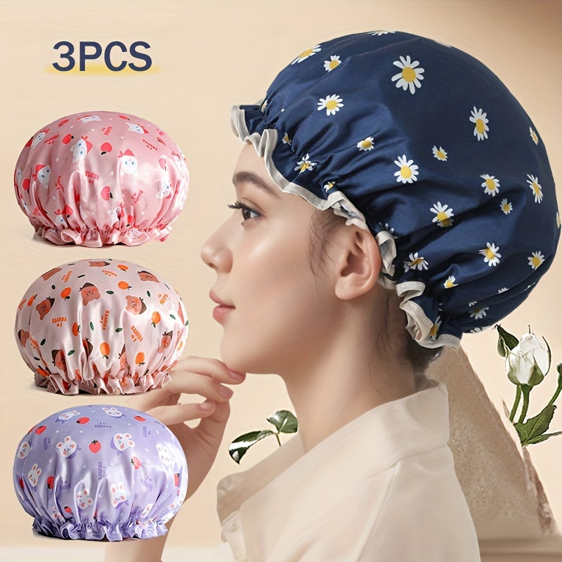 3pcs Double-Layer Shower Caps, Printed Design, And Reusable, with Elastic Band, Suitable for Women'S Bathing And Spa Salons