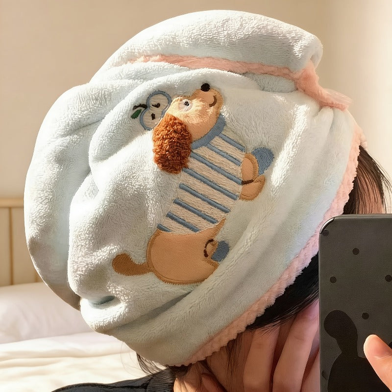 Cartoon Turkish Dog Dry Hair Cap, Super Absorbent Quick-Drying Headscarf, Thickened Coral Fleece Shower Cap, Common for Home Hotels